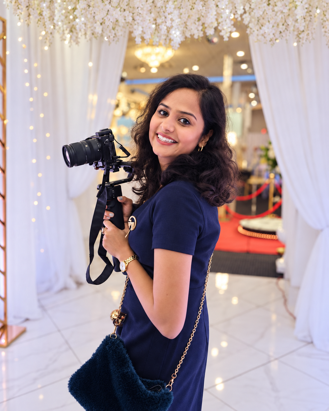 Zahra, photographer and videographer behind Visual Memories, holding her camera at an event